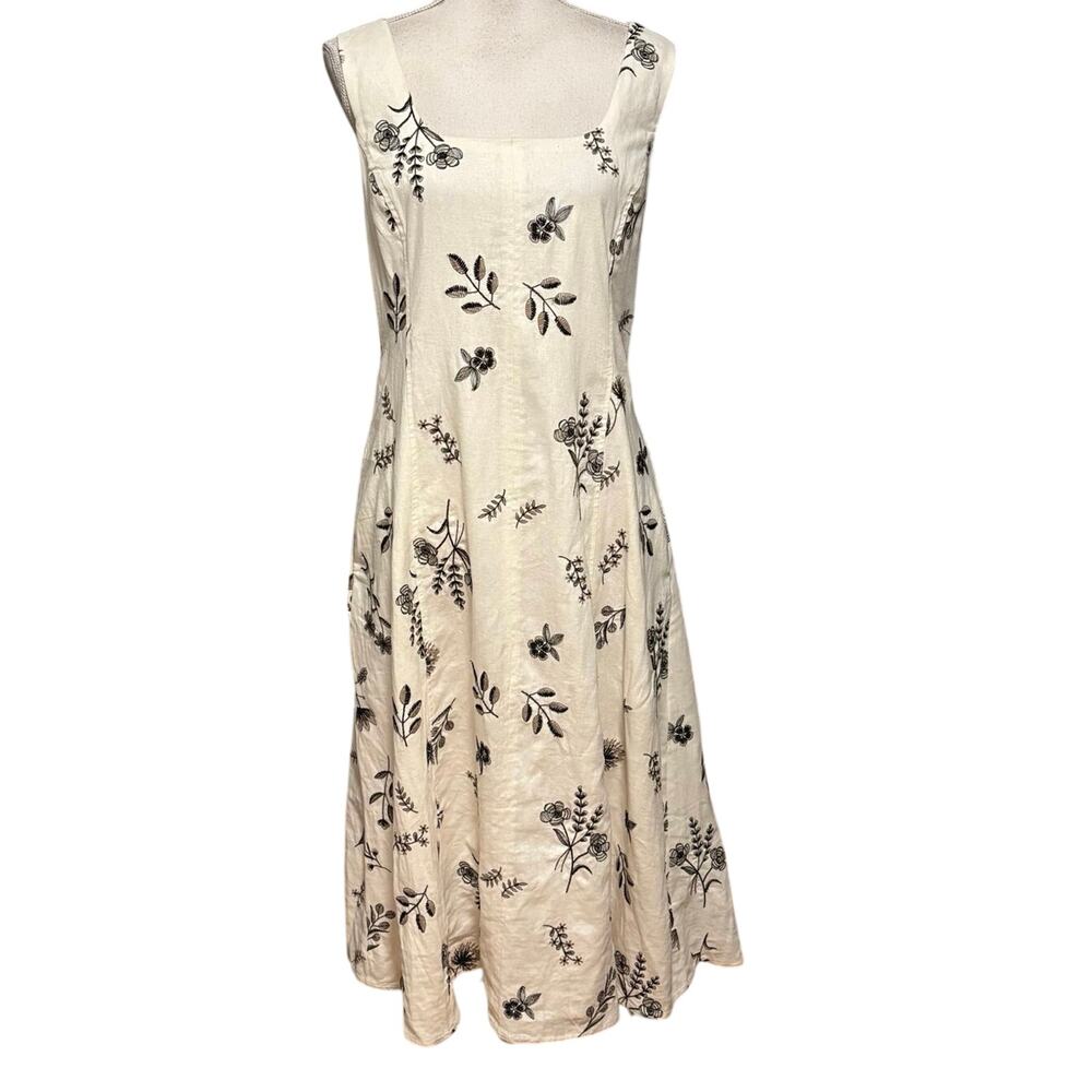 Joie Size M Scoop Neck cream Embroidered Floral Linen Blend Midi Tank Dress
